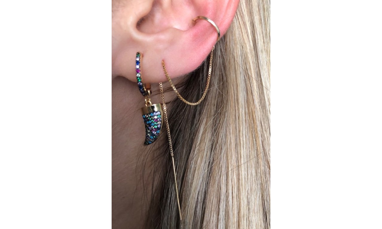 Brinco Fio + Piercing Fake Diamantado Banho de Ouro 18K